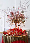DESIGNER PAULA PRYKE - RED AND GOLD CHRISTMAS TABLE DECORATION WITH POINSETTIA CHRISTMAS FEELINGS RED AND MINIATURE POINSETTA SARURNUS RED