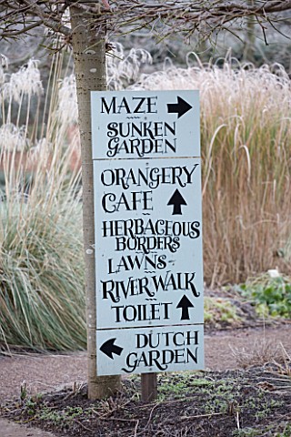 HAMPTON_COURT_CASTLE_AND_GARDENS__HEREFORDSHIRE_SIGN_IN_THE_WALLED_GARDEN_IN_FROST