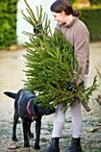 THE GARDEN AND PLANT COMPANY  HATHEROP  GLOUCESTERSHIRE: EMILY WITH CHRISTMAS TREE AND BLACK LABRADOR EFFI