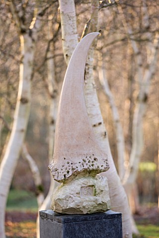 STONE_LANE_GARDEN__DEVON_WINTER__EARLY_MORNING_LIGHT_ON_SCULPTURE_TALON_BY_BRUCE_KIRBY_WITH_WHITE_TR