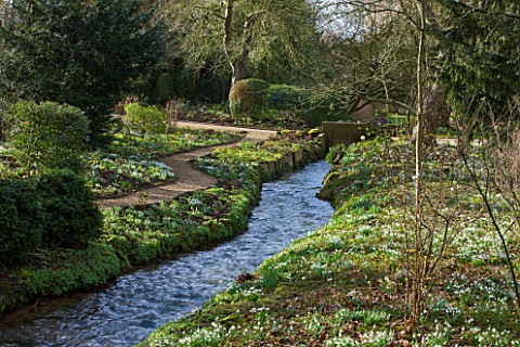 LITTLE_PONTON_HALL__LINCOLNSHIRE_THE_STREAM_WITH_GRAVEL_PATH_SURROUNDED_BY_SNOWDROPS_AND_ACONITES