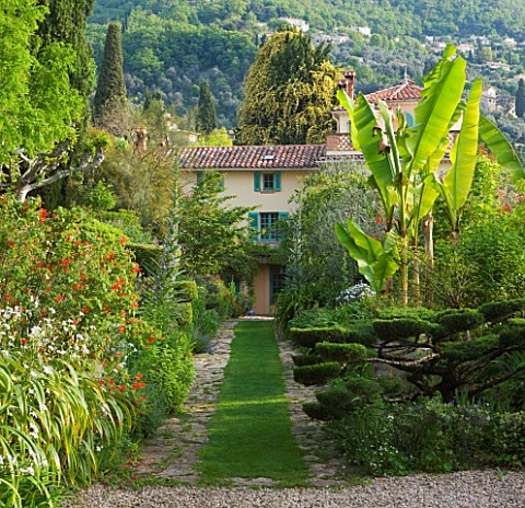 VILLA_FORT_FRANCE__GRASSE__FRANCE_THE_FRONT_GARDEN_WITH_VIEW_TO_VILLA__PATH__CLOUD_TOPIARY_AND_BANAN