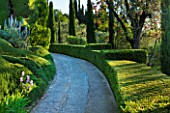 LA CASELLA, FRANCE: DRIVE, CLIPPED, TOPIARY, CONES, MEDITERRANEAN, FRENCH, FORMAL, GREEN, EVERGREENS, SUMMER, PROVENCE