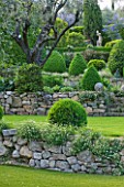 LA CASELLA, FRANCE: STONE, WALLS, STEPS, CLIPPED, TOPIARY, MEDITERRANEAN, FRENCH, FORMAL, EVERGREENS, SUMMER, PROVENCE, HEDGES, HEDGING, BOX, BUXUS, WISTERIA, SLOPING, GRASS, LAWN