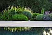 DESIGNER JAMES BASSON, SCAPE DESIGN, FRANCE: SWIMMING POOL WITH LOW GROWING, LOW MAINTENANCE PLANTS REFLECTED IN THE WATER - PROVENCE, SUMMER, REFLECTIONS