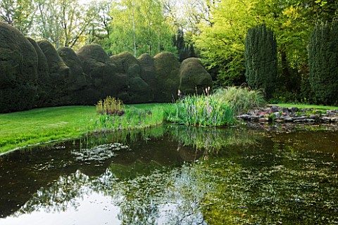 DODDINGTON_PLACE_GARDENS__KENT_POND_AND_CLIPPED_YEW_HEDGES