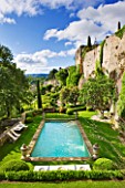 LA CARMEJANE, FRANCE: LUBERON, PROVENCE, FRENCH, COUNTRY, GARDEN, TERRACE, PATIO, GRASS, LAWN, SWIMMING, POOL, SUMMER