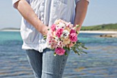 THE ISLES OF SCILLY: SCILLY FLOWERS - FRESHLY PICKED SCENTED PINKS BY SEA  HELD BY STEPH HILL