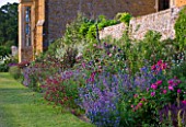 BROUGHTON CASTLE, OXFORDSHIRE: WALL BESIDE THE LAWN WITH NEPETA AND ROSES  -  - CLIMBING, CLIMBER, SCENT, SCENTED, FRAGRANT, COUNTRY GARDEN. BORDER, HERBACEOUS, CLASSIC ENGLISH