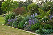 BROUGHTON CASTLE, OXFORDSHIRE: HERBACEOUS BORDER BY WALL WITH DELPHINIUMS - LAWN, COUNTRY GARDEN, SUMMER