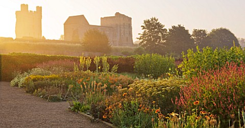 HELMSLEY_WALLED_GARDEN__YORKSHIRE_HELMSLEY_CASTLE_SEEN_AT_DAWN_WITH_HERBACEOUS_BORDER_IN_THE_FORGROU