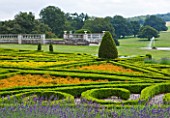 SLEDMERE HOUSE GARDEN, YORKSHIRE: VIEW ONTO ITALIANATE PARTERRE FROM HOUSE WITH MARIGOLDS - CLASSIC, COUNTRY GARDEN, SUMMER, AUGUST, FORMAL, CLIPPED, TRIMMED, TOPIARY, BOX