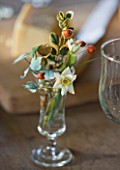 COMMON FARM FLOWERS. SOMERSET: SHERRY GLASS ARRANGEMENT ALL BRITISH GROWN STEMS; BERRIED HOLLY  ILEX AQUIFOLIUM  SPRIGS OF ROSEHIPS AND SCILLY ISLES SCENTED TAZETTA NARCISSI.