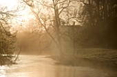 WELFORD PARK, BERKSHIRE: THE CHURCH AND RIVER AT DAWN WITH MIST RISING OFF THE WATER - FEBRUARY, WINTER, LANDSCAPE