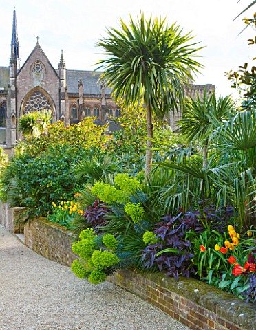 ARUNDEL_CASTLE_GARDENS__WEST_SUSSEX_THE_COLLECTOR_EARLS_GARDEN_RAISED_BED_WITH_EUPHORBIA_AND_TULIPS