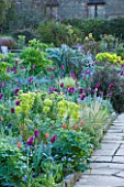 GRAVETYE MANOR  SUSSEX: EARLY MORNING SPRING LIGHT ON BORDER WITHG TULIPS AND EUPHORBIA