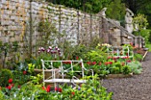 EASTON WALLED GARDEN  LINCOLNSHIRE: WALLED GARDEN WITH WHITE METAL BENCHES & BEDS FILLED WITH RED TULIPS.TERRACOTTA CONTAINER WITH PURPLE AND WHITE TULIPA BLUEBERRY RIPPLE. SPRING