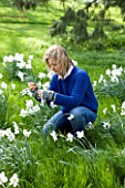 EASTON WALLED GARDEN  LINCOLNSHIRE: URSULA CHOLMELY IN THE MEADOW SURROUNDED BY NARCISSUS POETICUS RECURVUS - PHEASANTS EYE NARCISSUS - DAFFODILS  WHITE FLOWERS. SPRING.