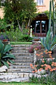 SICILY  ITALY: LA CASE BIVIERE NEAR LENTINI - VISTA UP FROM THE LAKE-BED GARDEN TO THE DOOR OF THE HOUSE LINED WITH EXOTIC PLANTING.