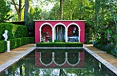 CHELSEA FLOWER SHOW 2014:THE BRANDALLEY GARDEN BY PAUL HERVEY-BROOKES - FORMAL POND/ POOL WITH STATUE AND ITALIANATE GARDEN BUILDING  LOGGIA  FOLLY
