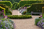 ARUNDEL CASTLE GARDENS, WEST SUSSEX: THE WALLED GARDENS: PATH TO FOUNTAIN WITH BOX BALLS AND YEW HEDGES - BORDER WITH ALLIUMS