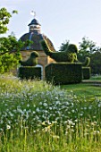 ROCKCLIFFE HOUSE, GLOUCESTERSHIRE: WILDFLOWER MEADOW WITH OXE EYE DAISIES - LEUCANTHEMUM VULGARE - CLIPPED TOPIARY BIRDS AND PIGEON HOUSE / DOVECOT. SUMMER, COUNTRY