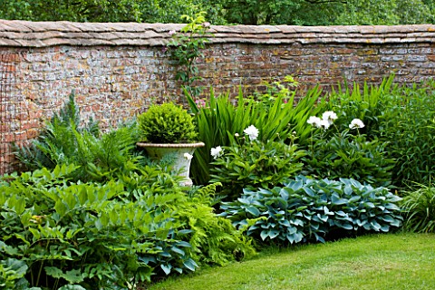 BIRTSMORTON_COURT_WORCESTERSHIRE_THE_END_OF_THE_LONG_BORDER_WITH_METAL_URN_PLANTED_WITH_BOX__PEONY_K