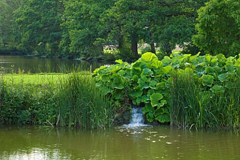 BIRTSMORTON_COURT_WORCESTERSHIRE_VIEW_ACROSS_MOAT_TO_WATERFALL_IN_SUMMER_POND_POOL_LAKE