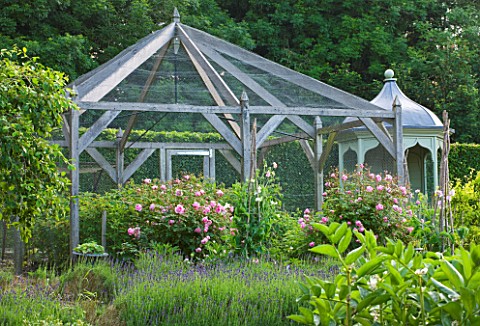 POULTON_HOUSE_GARDEN_WILTSHIRE_FRUIT_CAGE_AND_BLUE_PAINTED_PAVILLION_IN_THE_KITCHEN_GARDEN_WITH_ROSE