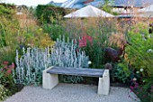 HORATIOS GARDEN  SALISBURY HOSPITAL  WILTSHIRE - DESIGNER CLEEVE WEST - SEAT/BENCH WITH BORDER OF STACHYS  CENTRANTHUS RUBER AND STIPA GIGANTEA
