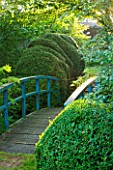 WOOLSTONE MILL HOUSE, OXFORDSHIRE: BLUE BRIDGE OVER STREAM TO CLIPPED YEW HEDGES - TAXUS BACCATA. TOPIARY, FORM, SHAPE.