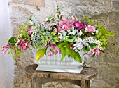 COMMON FARM FLOWERS, SOMERSET, SUMMER: FRESHLY CUT FLOWERS IN WHITE CERAMIC CONTAINER - FLOWER, FLOWERS, BOUQUET, DISPLAY, ARRANGEMENT, FLORAL, ROSES, HONEYSUCKLE