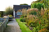 MARCHANTS HARDY PLANTS, EAST SUSSEX: NURSERY SHED IN THE NURSERY WITH BORDER OF GRASSES. COUNTRY, GARDEN, ENGLISH