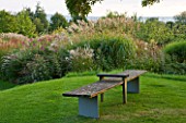 MARCHANTS HARDY PLANTS, EAST SUSSEX: LAWN AND WOODEN BENCH. SEAT, A PLACE TO SIT, COUNTRY, GARDEN, ENGLISH, BORDER, GRASSES