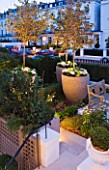 PRIVATE GARDEN LONDON: DESIGNER STEPHEN WOODHAMS - TOWN GARDEN - FRONT GARDEN - WOODEN SEAT / BENCH AND TWO LARGE CLAY CONTAINERS PLANTED WITH CORNUS KOUSA VAR CHINENSIS.  LIGHTING