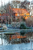 ELLICAR GARDENS, NOTTINGHAMSHIRE: VIEW ACROSS THE NATURAL SWIMMING POOL IN WINTER WITH REFLECTION OF HOUSE IN WATER - BETULA UTILIS SILVER SHADOW, FROST