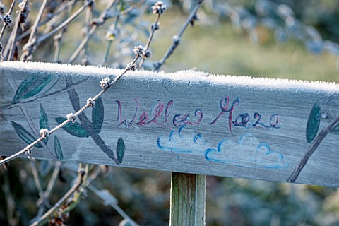 ELLICAR_GARDENS_NOTTINGHAMSHIRE_FROSTED_WOODEN_SIGN__WILLOW_MAZE_WINTER