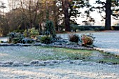 SEDGWICK PARK, WEST SUSSEX. MEDITERRANEAN BORDER IN WINTER BESIDE POND WITH YUCCA AND EUPHORBIA. FROST, GARDEN, JANUARY