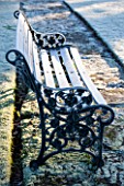 SEDGWICK PARK, WEST SUSSEX. FROSTED METAL BENCH. WINTER, JANUARY, A PLACE TO SIT.