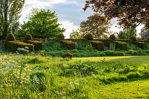 WARDINGTON_MANOR_OXFORDSHIRE_THE_LAND_GARDENERS_LAWN_IN_SPRING_WITH_HUGE_CLIPPED_TOPIARY_YEW_HEDGES_
