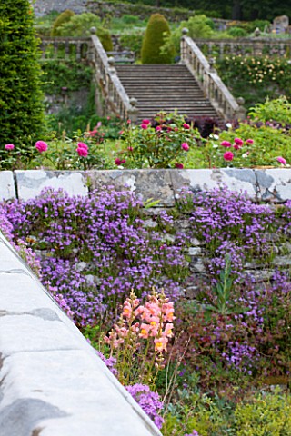 HADDON_HALL_DERBYSHIRE_WALL_WITH_FLOWERS_AND_VIEW_OF_STEPS_TO_UPPER_GARDEN