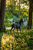 ABLINGTON MANOR  GLOUCESTERSHIRE: LIFELIKE BRONZE SCULPTURE OF ROE DEER BY HAMISH MACKIE IN WOODLAND - ORNAMENT  FOCAL POINT  SHADE  SHADY