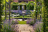 GREAT FOSTERS, SURREY: THE ROSE GARDEN IN JUNE: FOUNTAIN, CATMINT - NEPETA FAASSENII, ARBOUR, POOL, POND, STATUE, FORMAL, SUMMER, ENGLISH GARDEN, ROSES, CLASSIC, ROMANTIC