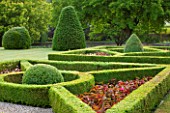 LITTLE MYNTHURST FARM, SURREY: FORMAL BOX PARTERRE OUTSIDE HOUSE ON LAWN. CLIPPED, TOPIARY, HEDGE, HEDGING, EDGED, BEDS, COUNTRY GARDEN, ENGLISH