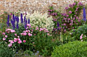 BROUGHTON CASTLE, OXFORDSHIRE: BORDER IN THE WALLED GARDEN WITH DELPHINIUMS AND ROSES  - SUMMER, JUNE, FLOWERS