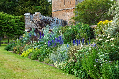 BROUGHTON_CASTLE_OXFORDSHIRE_THE_BATTLEMENT_BORDER_IN_SUMMER_WITH_CARDOONS_AND_BLUE_DELPHINIUMS__FLO