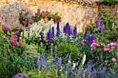 BROUGHTON CASTLE, OXFORDSHIRE: BORDER IN THE WALLED GARDEN WITH ROSES, DELPHINIUMS, AND NEPETA. FLOWERS, SUMMER, JUNE, HERBACEOUS BORDER, GARDEN
