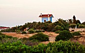 JONATHAN BAILLIE GARDEN, ALAIOR, MENORCA: VIEW OF THE BLUE AND WHITE HOUSE SEEN FROM THE EDGE OF THE TOWN OF ALAIOR