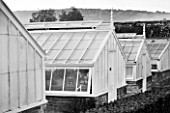 WEST DEAN GARDENS, WEST SUSSEX: BLACK AND WHITE IMAGE OF GLASSHOUSE / GREENHOUSE IN THE WALLED KITCHEN GARDEN. AUGUST