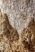 PAINSHILL PARK, SURREY: THE CRYSTAL GROTTO - DETAIL OF CRYSTALS IN WALL - CLASSIC, OOLITIC LIMESTONE, MYSTERY, LANDSCAPE GARDEN, ORNAMENT